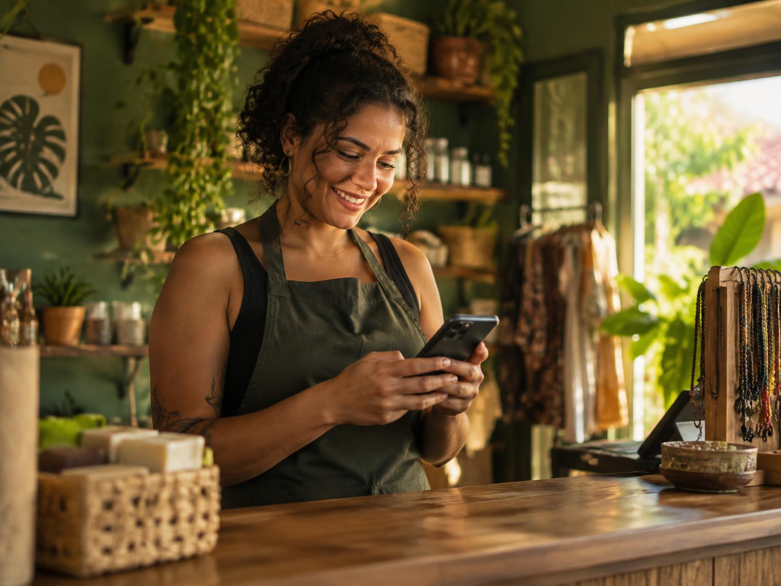 Dona de um pequeno comércio organizando as contas pelo celular